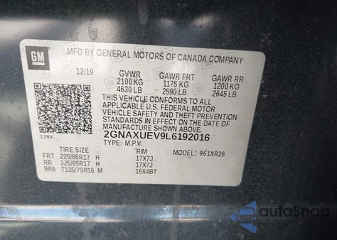 2020 Chevrolet Equinox Awd Lt 1.5L Turbo из США, поврежденный, VIN 2GNAXUEV9L6192016